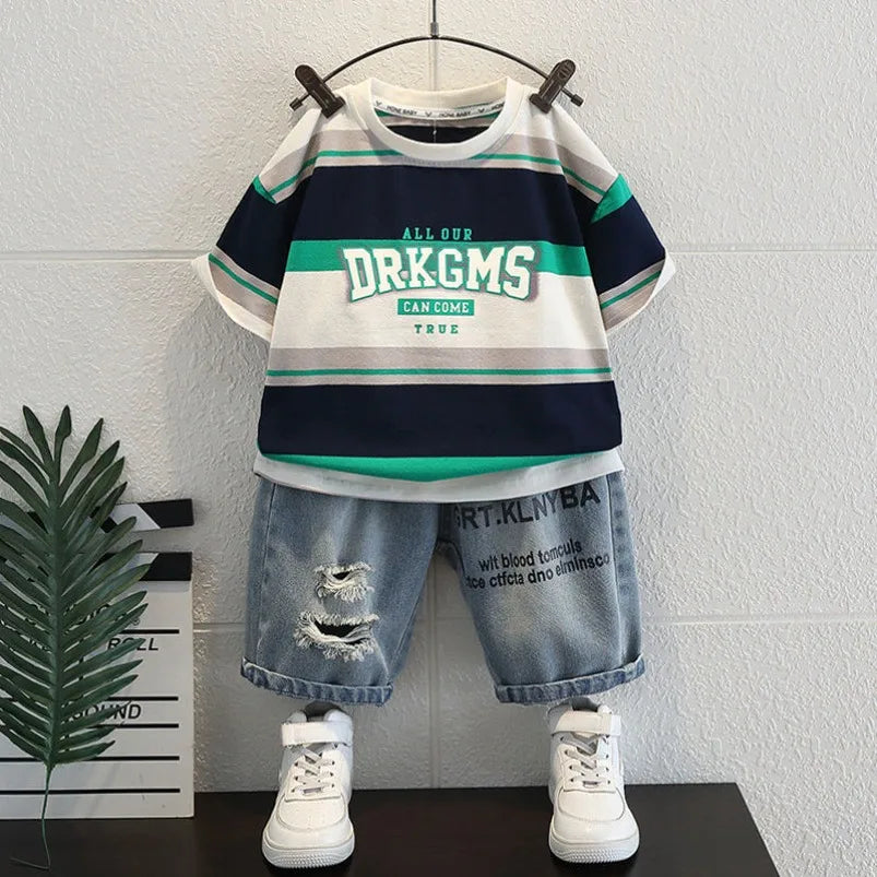 Kids Clothing 2pcs Sets Boys Grey Hole Short Sleeved T-shirt+ Denim Shorts Summer Suit 2025 New  Handsome Baby Clothes