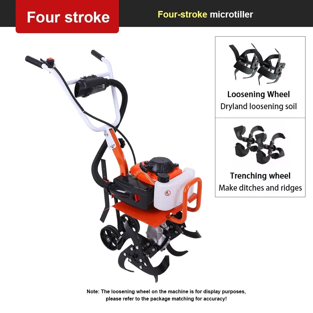 4-Stroke/2-Stroke Micro Tiller Gas-Powered Garden Cultivator Rototiller for Small Farm Land Soil Cultivation Weeding