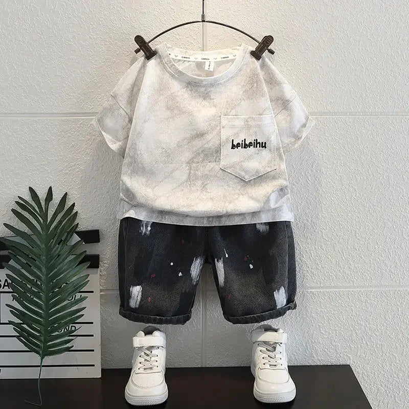 Kids Clothing 2pcs Sets Boys Grey Hole Short Sleeved T-shirt+ Denim Shorts Summer Suit 2025 New  Handsome Baby Clothes