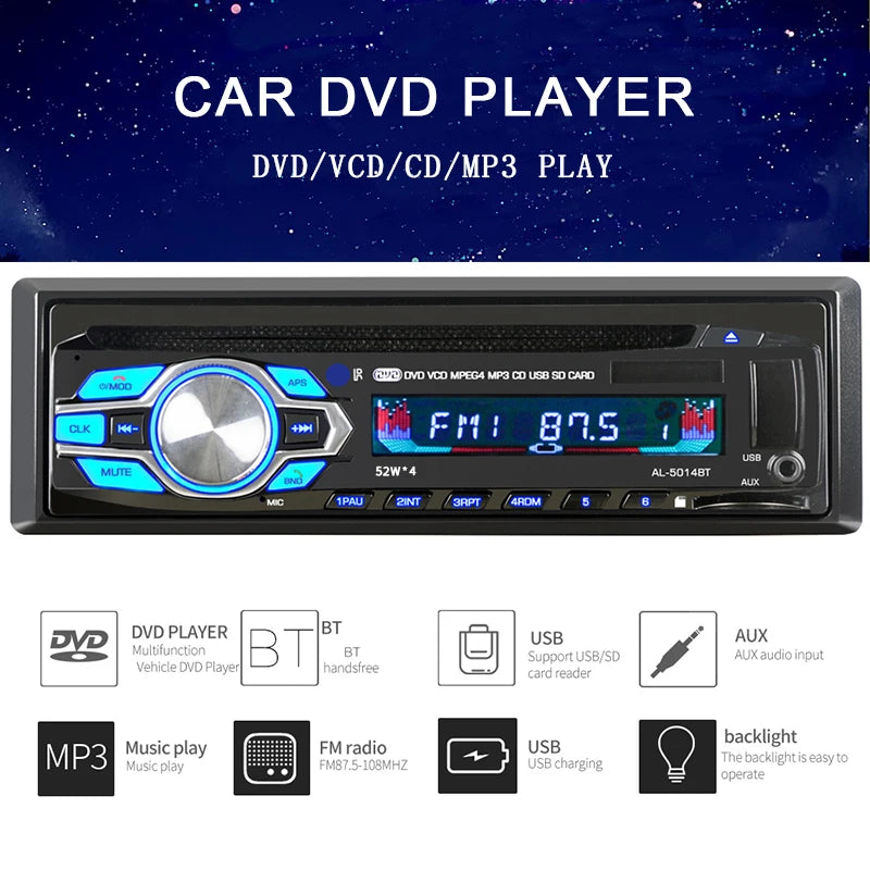 DVD VCD CD Car Multimedia Player Car Radio Bluetooth Car  Tuner Stereo Bluetooth FM Radio MP3 Audio USB SD In-Dash 1 DIN 12V