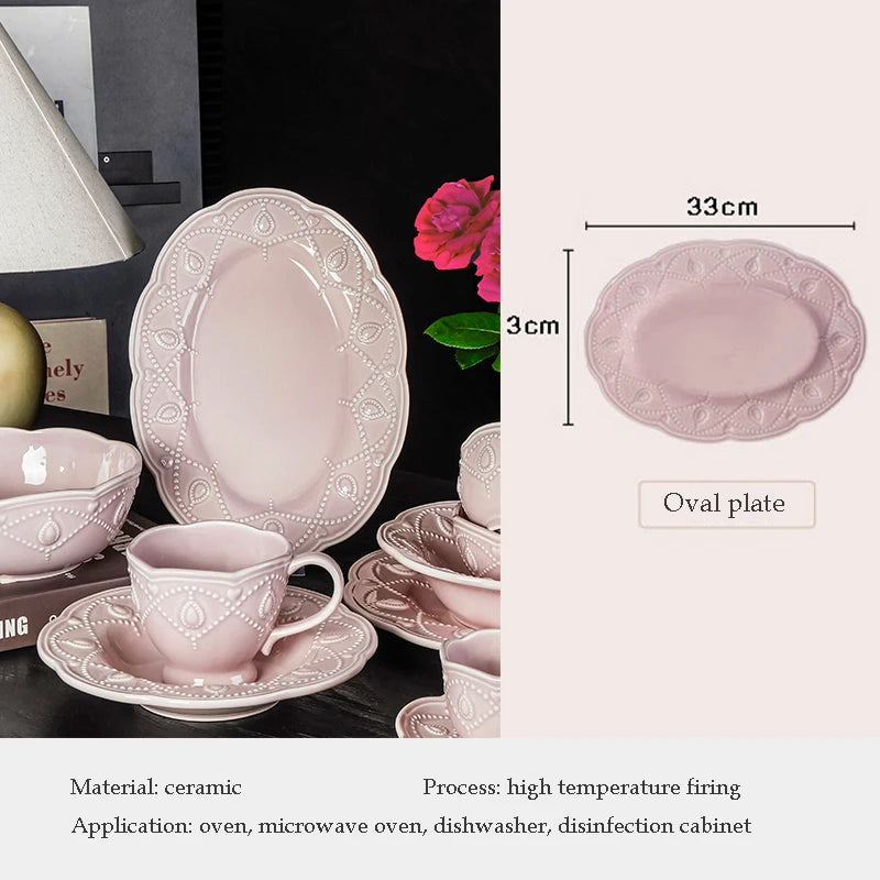 Pink Plate Set Retro Embossed Ceramic Dishes Cup and Saucer Breakfast Milk Mug Soup Plate Kitchen Tableware Housewarming Gift