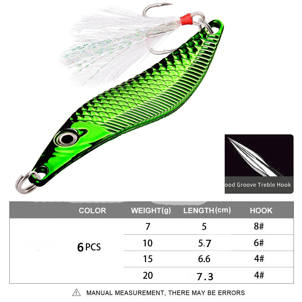 Metal VIB Leech Spinners Spoon Lures 7g 10g 15g 20g Artificial Bait With Feather Hook Night Fishing Tackle for Bass Pike Perch