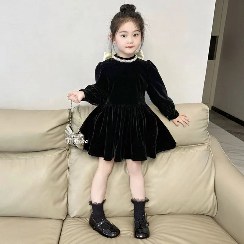 2-7Y Korean Childrens Clothing 2025 Autumn New Black Bow Velvet Dress Girl Princess Dress Girls clothes kids Clothes