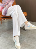 Summer Satin Letters Print Pants Women Casual Streetwear Loose Hight Waist Fashion Straight Trousers Pantalon Pour Femme New 4XL