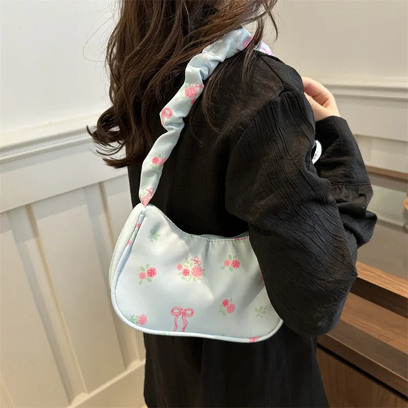 Women's Bags New Sweet Print Canvas Handbags Korean Floral Bow Printed Zipper Tote Bag Female Small Shoulder Bag