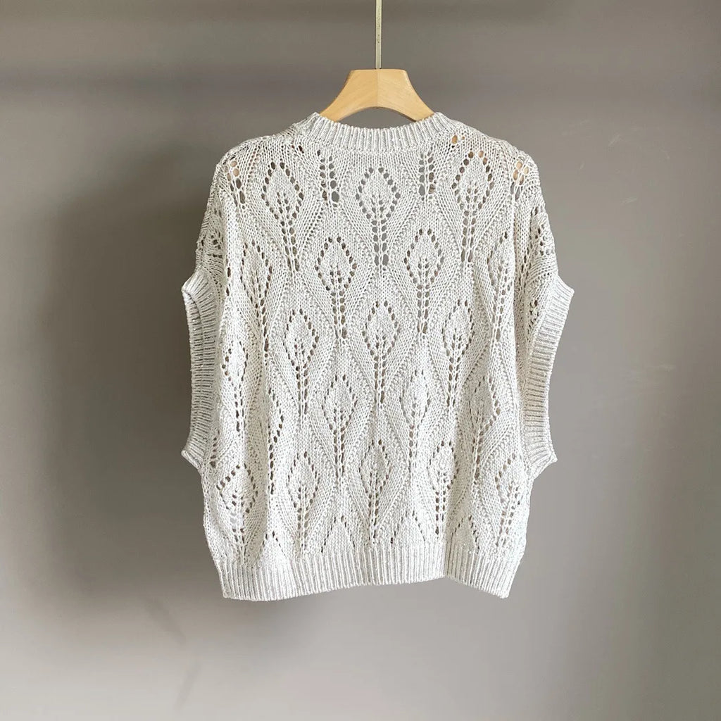 25 Spring And Summer New Women'S Hollow Diamond Grid Sequin Embroidery Knitted Sweater Bat Sleeve Thin V-Neck Top