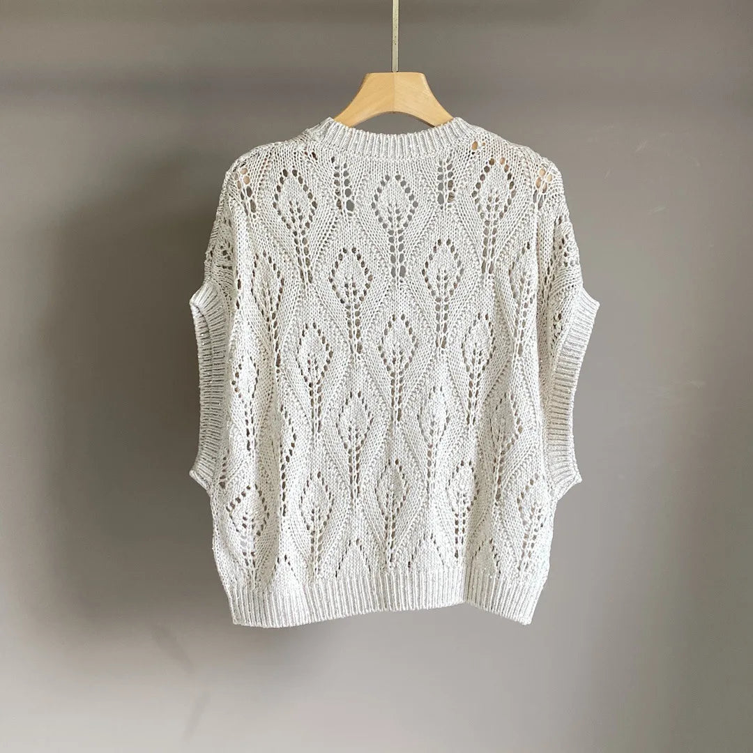 25 Spring And Summer New Women'S Hollow Diamond Grid Sequin Embroidery Knitted Sweater Bat Sleeve Thin V-Neck Top