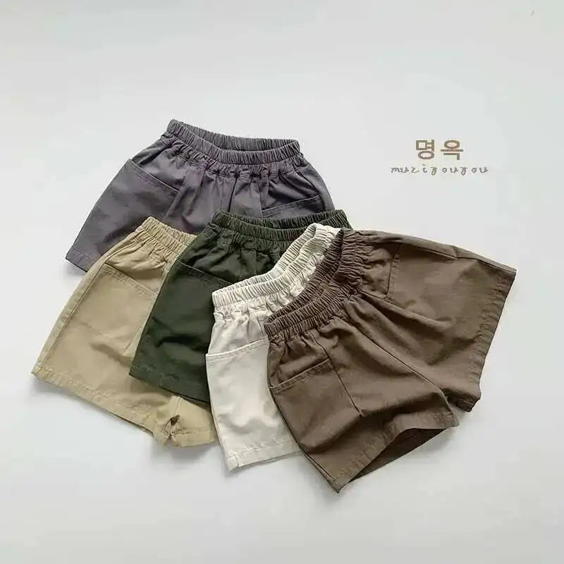 Spring Summer Children Shorts 1-8Y Boys Girls Cotton Pockets Solid Short Pants Trousers Korean Toddler Wear Bottoms Kids Clothes