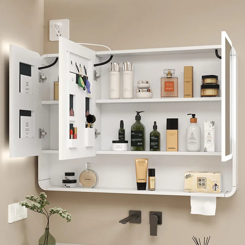 Bathroom Mirror Smart Storage Cabinet LED Light Wall Mounted Rounded Corner Anti Fog Furniture Vanity Mirror Medicine Cabinet