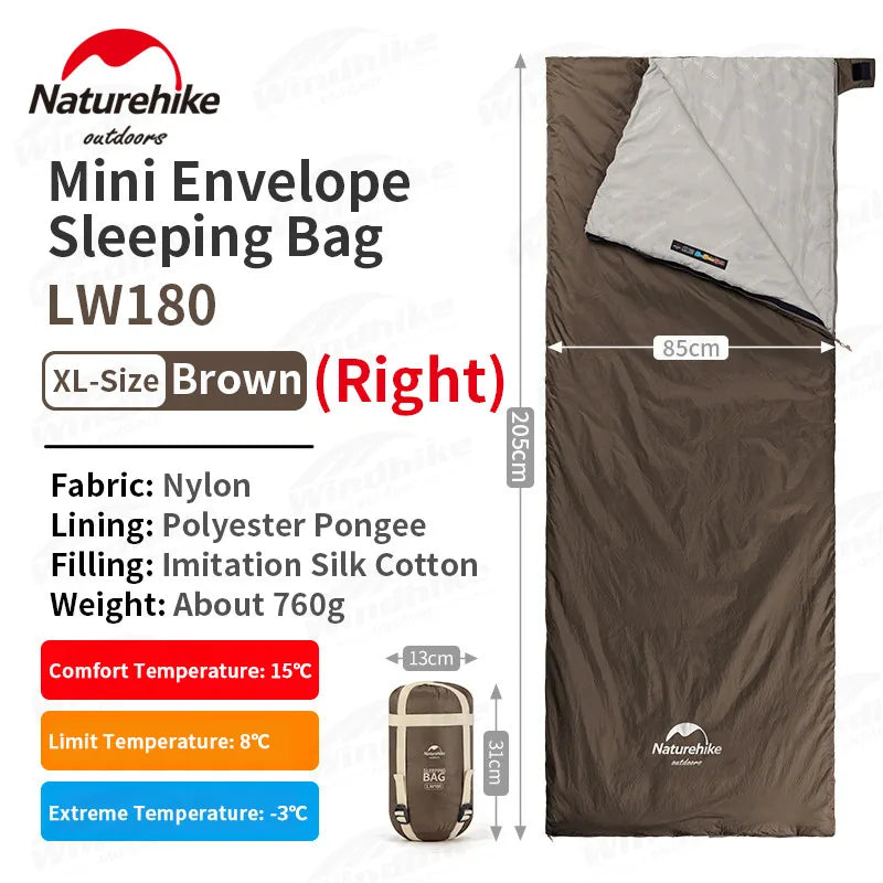 Naturehike LW180 Camping Sleeping Bag Ultralight Spring Summer Cotton Sleeping Bag for Single Couple Tourist Hiking Waterproof