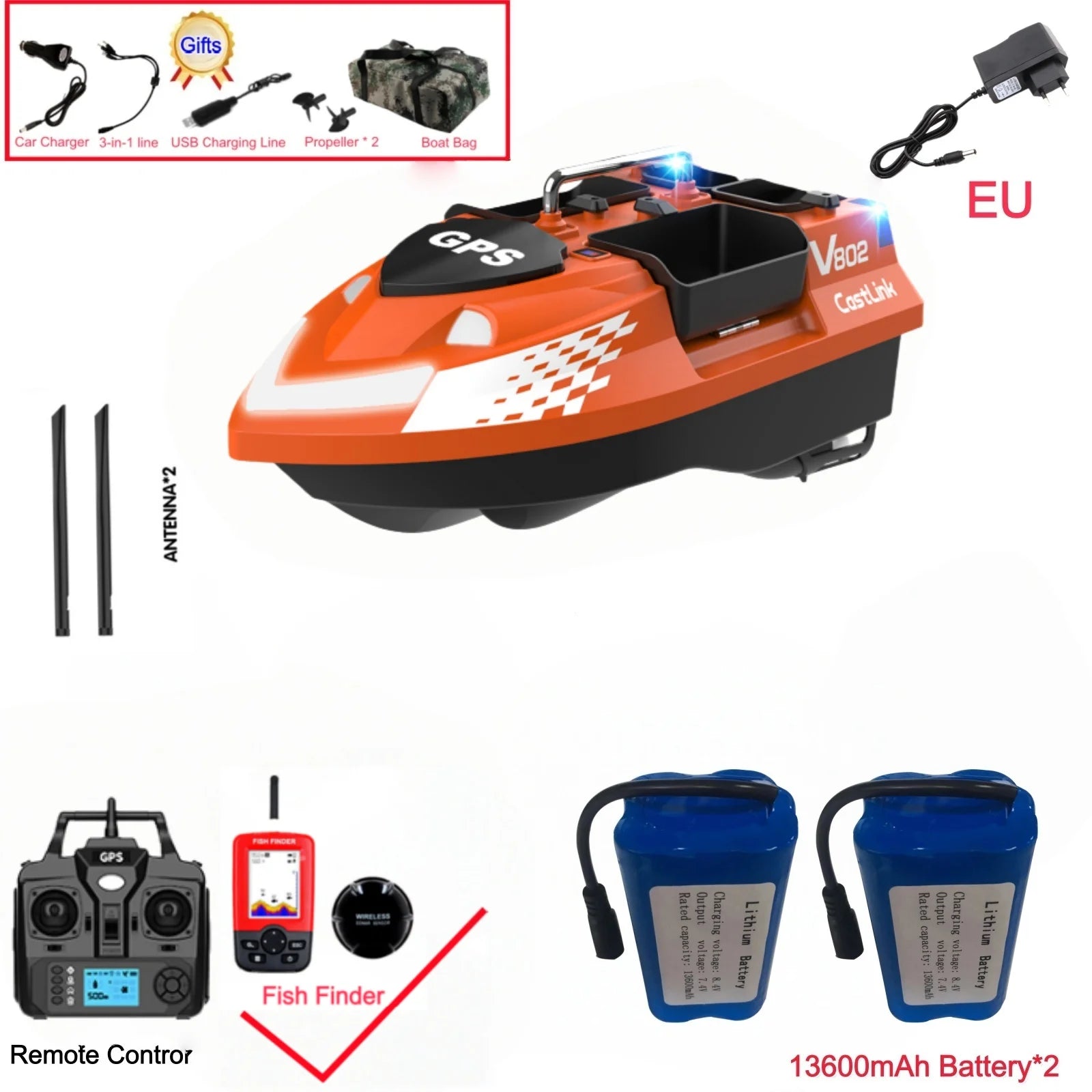 GPS Positioning 160 Positioning Points Fishing Boat Rc Bait Boat 4 Hoppers Waterproof 3KG Load 500M 15KM/H GPS One Click Return