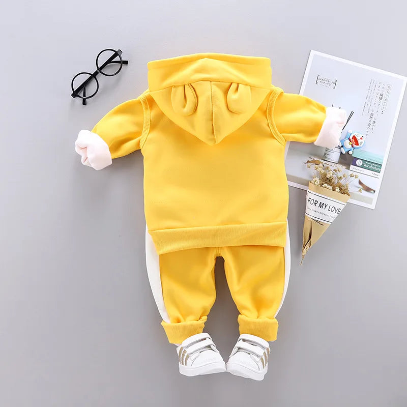 Boys Girls Cartoon Clothing Suits Baby Plus Velvet Jacket+Hooded Vest+ Pants 3Pcs Sets Kids Toddler Winter Sports Clothes 0-4Y