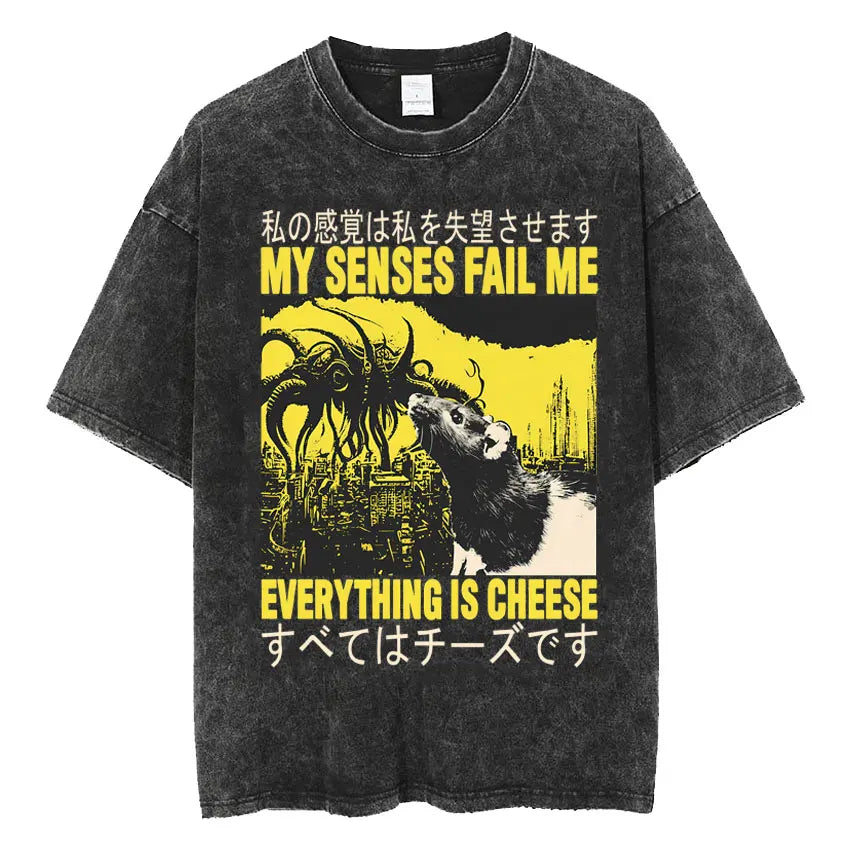 Mens Clothes Vintage Washed The Harbinger of Awkward Situations Weirdcore Japanese Funny Short Sleeved Round Neck Y2k Tshirt
