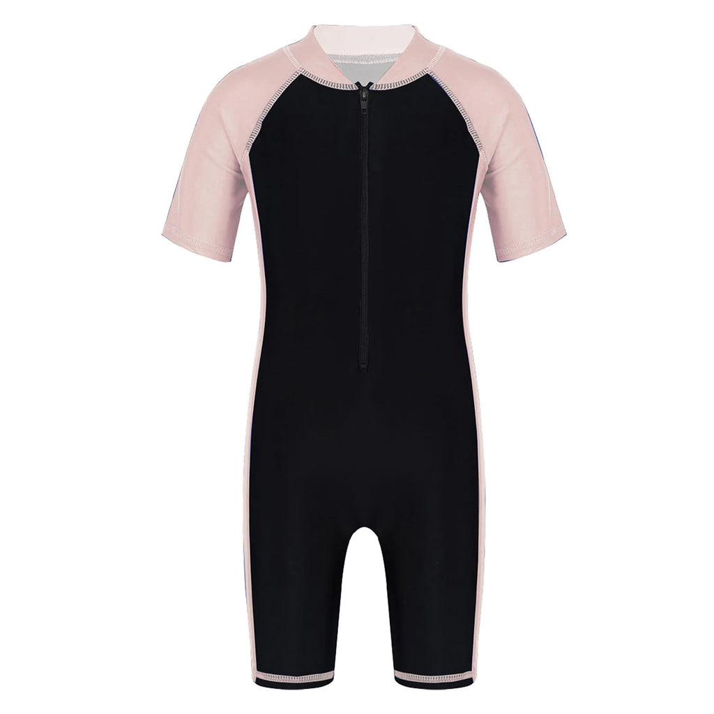 Kids Boys Girls Wetsuit Swimsuit One-piece Rash Guard Swimwear Short Sleeves Zippered Shorty Bodysuit Swimming Bathing Suit