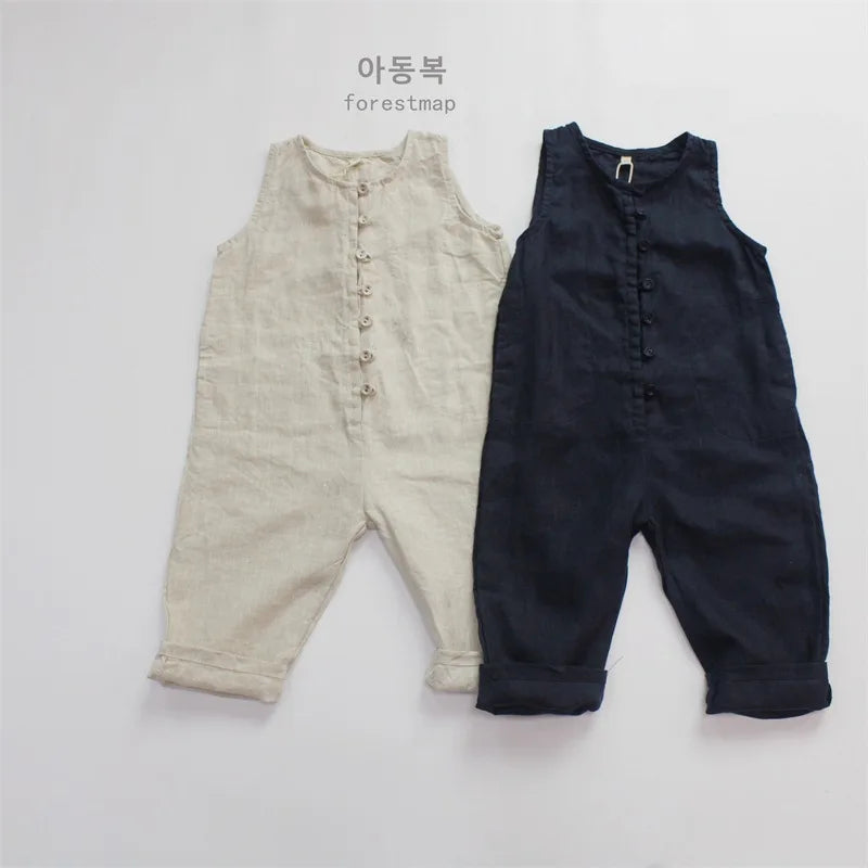 Children Clothing Kids Jumpsuit Linen Overalls Loose Sleeveless Rompers Solid Color Casual Simple Kids Clothes