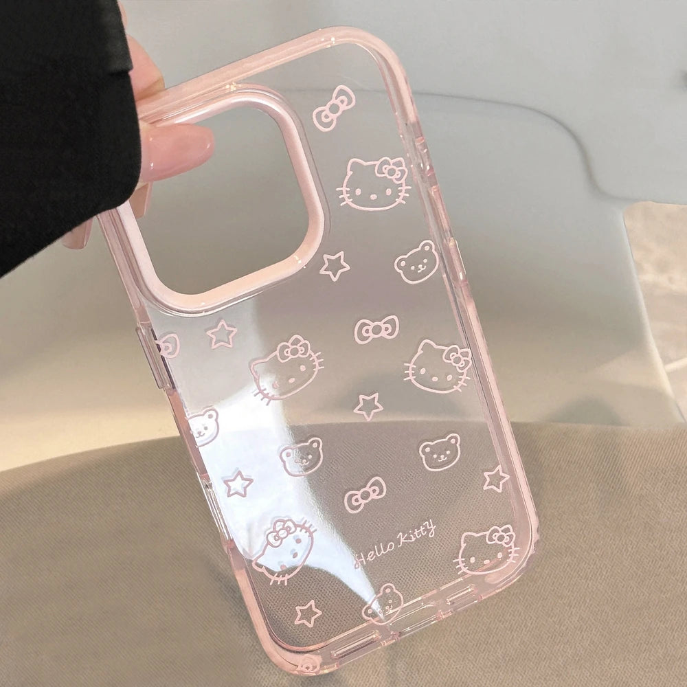 Bow Transparent Phone Case For iPhone 17 16 15 14 13 12 Pro Max Cute Cartoon Sanrio Hello Kitty Shockproof Protective Soft Cover