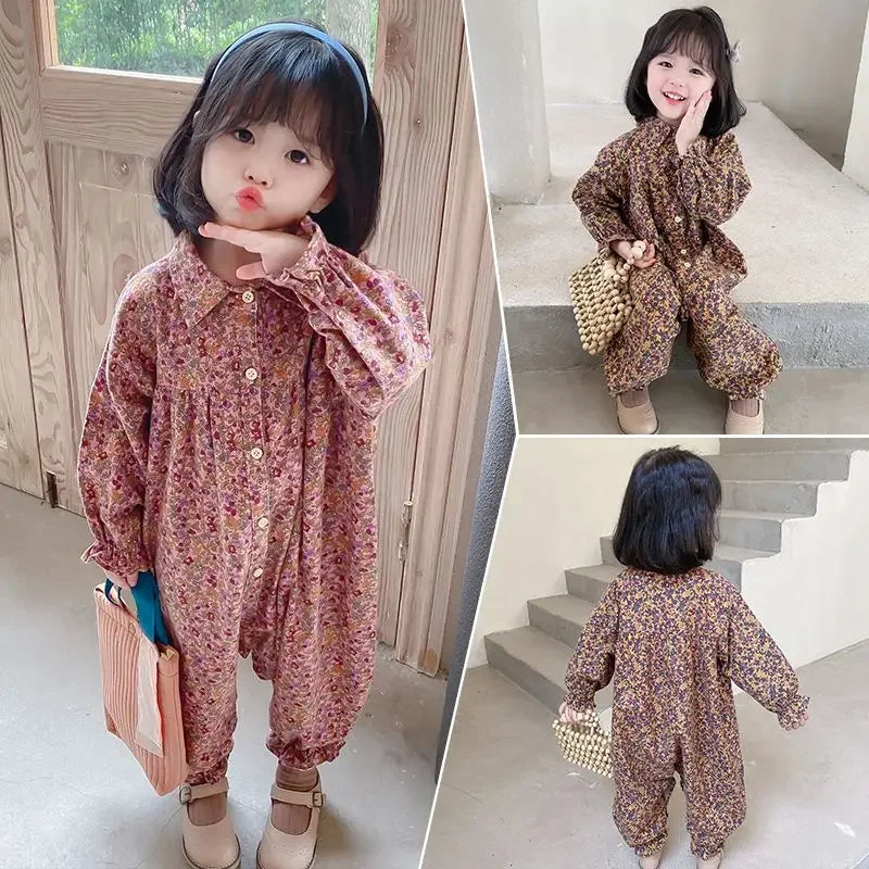 Kids Clothes Autumn Spring Children Girls Cotton Jumpsuits Single-Breasted Cute Floral Chic Baby Overalls Soft Loose Trousers