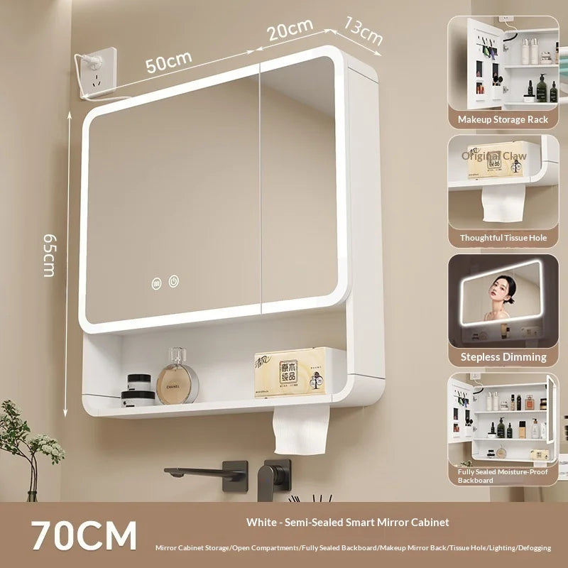 Bathroom Mirror Smart Storage Cabinet LED Light Wall Mounted Rounded Corner Anti Fog Furniture Vanity Mirror Medicine Cabinet