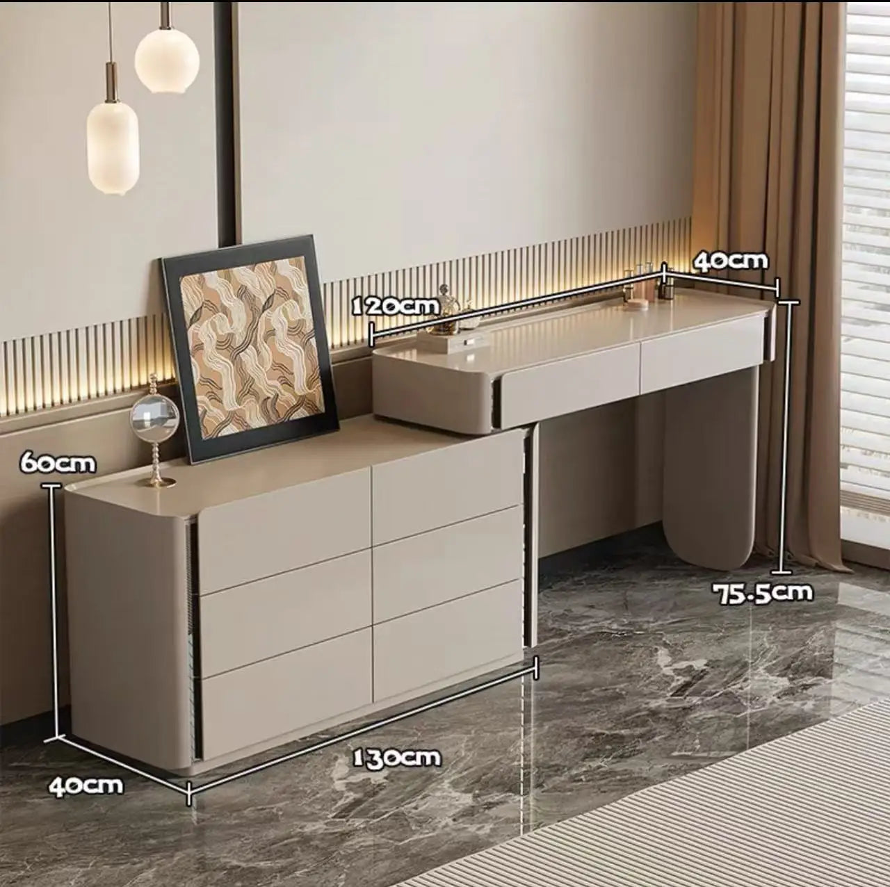 Modern Vanity Desk Dressing Vanity Table with Smart LED Mirror Luxury Makeup Set Includes Expandable Side Cabinet with 6 Drawer