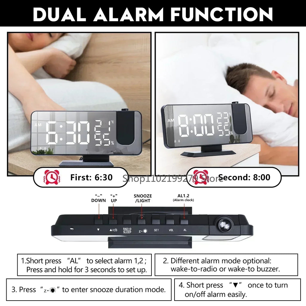 Radio LED Digital Smart Alarm Clock Watch Table Electronic Desktop Clocks USB Wake Up Clock with 180° Time Projector Snooze