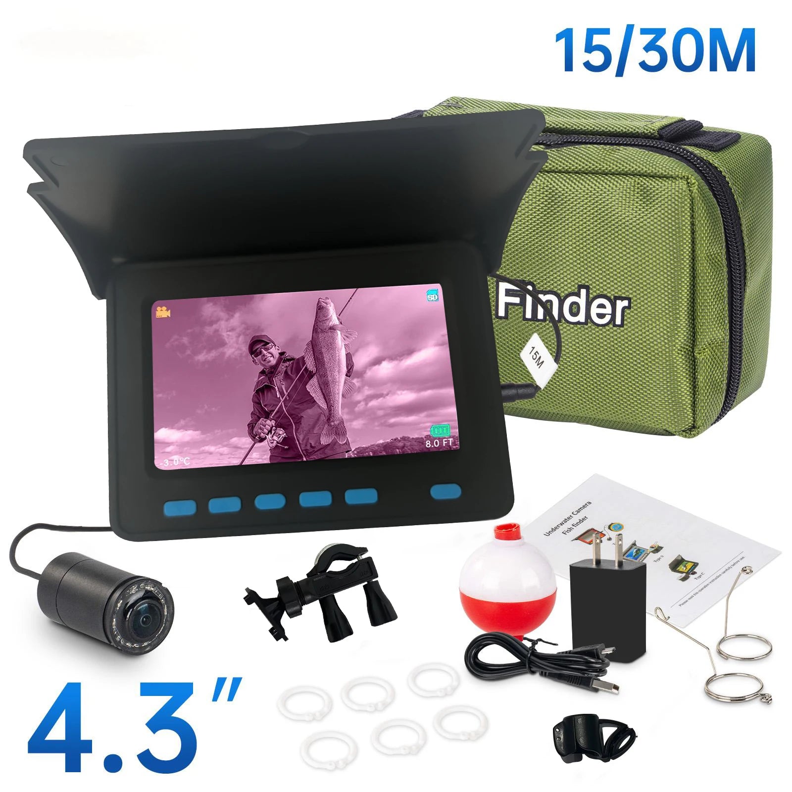 15m 4.3 Inch Visual Fish Finder Underwater IR Night Vision Fishing Camera With Depth Temperature Display