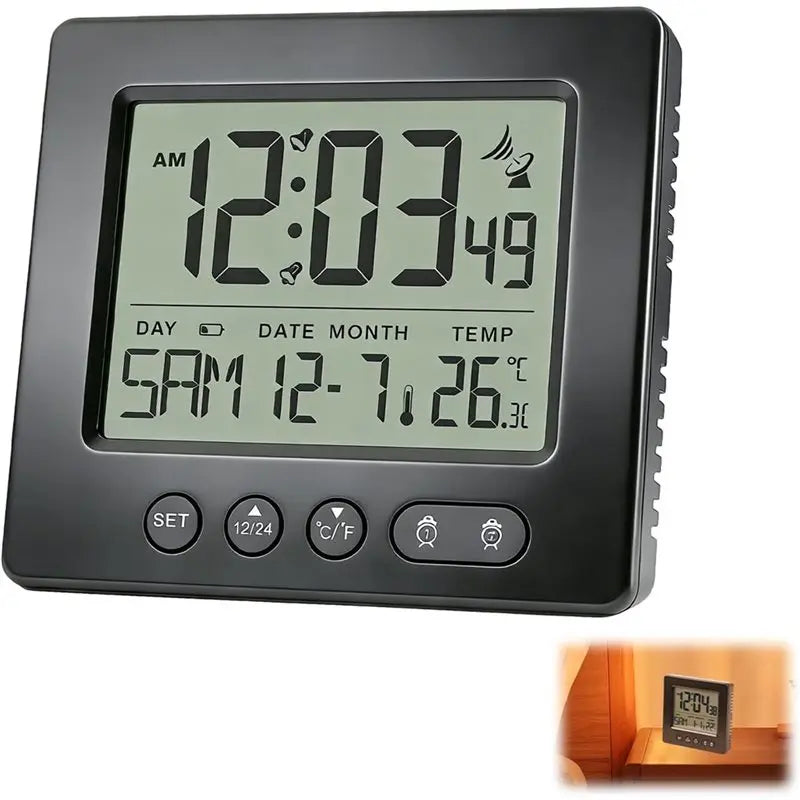 AT63-Digital Radio Alarm Clock Featuring Thermometer, 5-Minute Function, 2 Alarm Time Settings, Radio-Controlled Clock