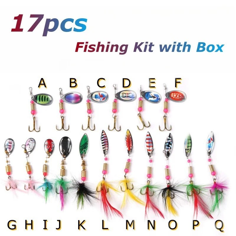 wondersee 17PCS Spinner Kit Fishin Lures with Feather Treble Hook Spoon for Bass Trout Perch Pike Rotating Long Casting Wobblers
