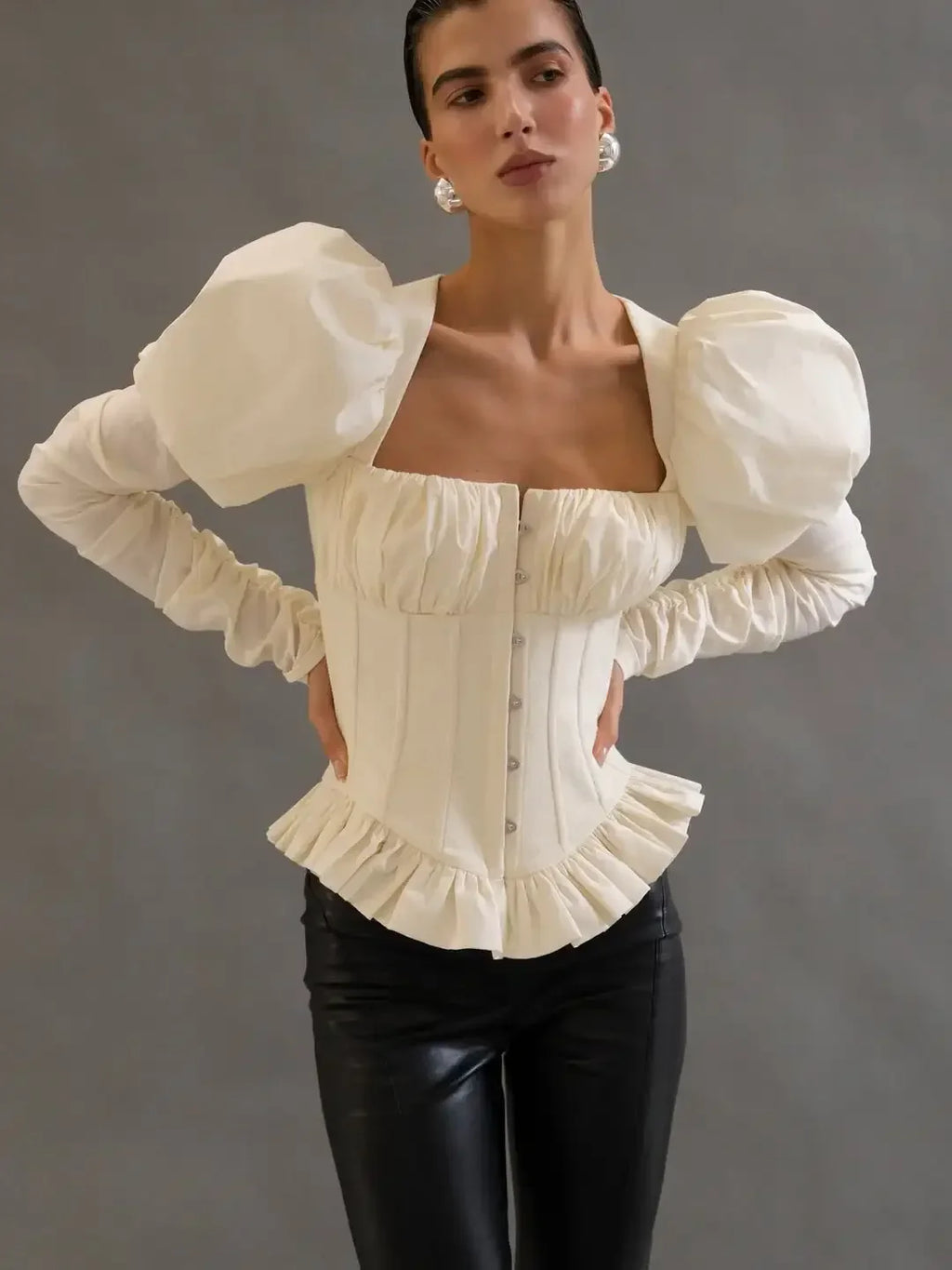 Casual Fishbone Bubble Sleeves Women Square Neck Top Puffed Backless Pleated Short Slim Blouse Lady Club Party Tops 2026 Spring