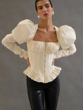 Casual Fishbone Bubble Sleeves Women Square Neck Top Puffed Backless Pleated Short Slim Blouse Lady Club Party Tops 2026 Spring