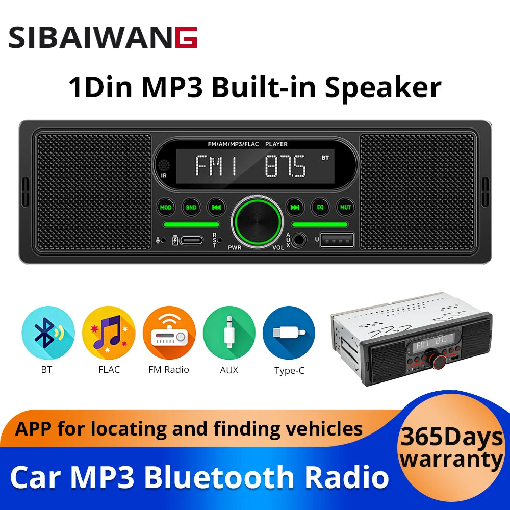 Car Radio 1Din MP3 Player Stereo Dual Bluetooth Built-in Speaker FM AM RDS AUX input USB EQ Type-C Charging Universal