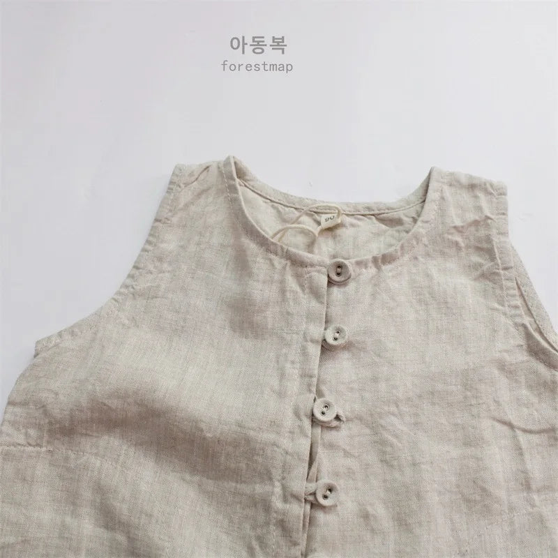 Children Clothing Kids Jumpsuit Linen Overalls Loose Sleeveless Rompers Solid Color Casual Simple Kids Clothes