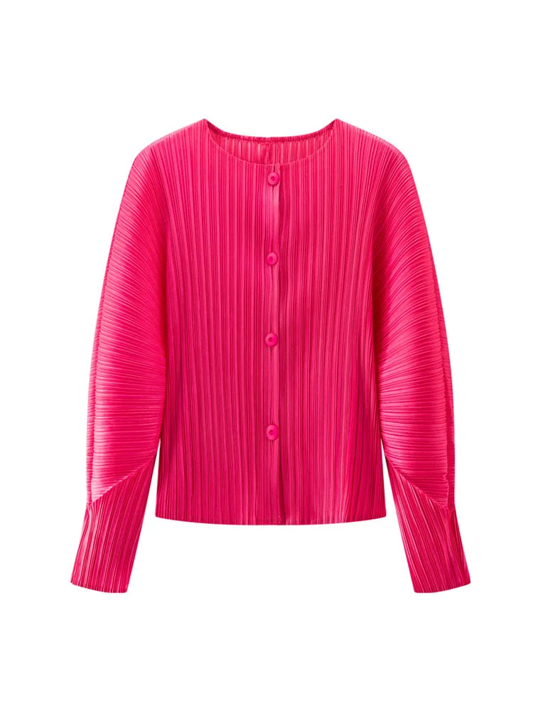 Miyake Pleated Solid Color Round Neck Cardigan Short Jacket for Women Long Sleeve Spring 2025 New Fashionable Age-reducing Top