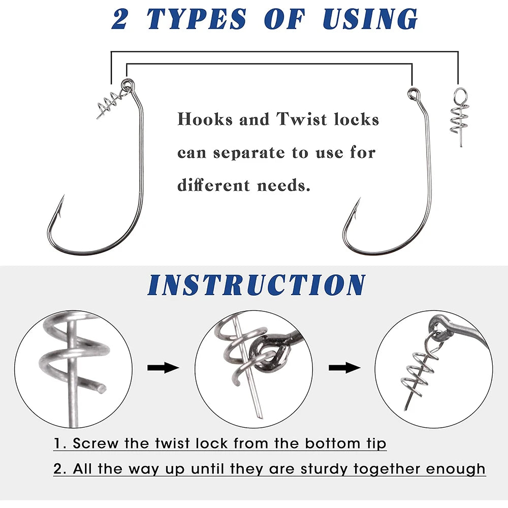 30Pcs Worm Fishing Hooks Jig Crank Barbed Hook High Carbon Steel Swimbait Hooks with Spring Twist Lock for Soft Fishing Lures