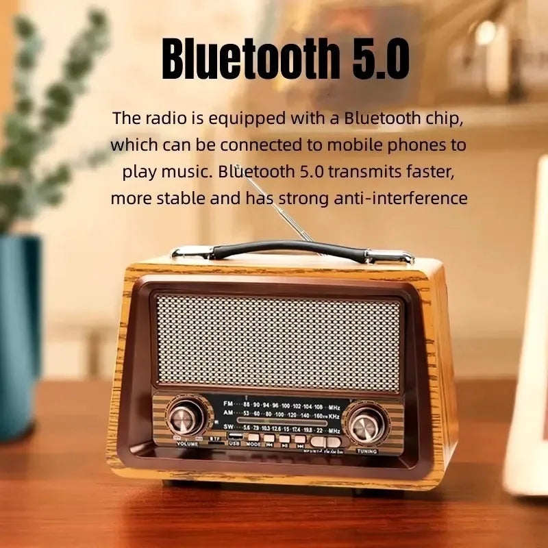 Portable Wooden Retro Radio AM FM SW Radios Wireless Bluetooth Speaker HIFI Stereo MP3 Music Player Support USB TF AUX R-2066BT