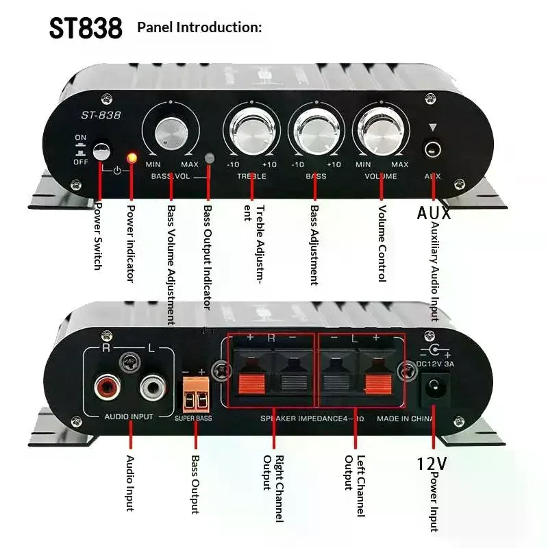 ST-838 Home Theater Amplifiers HiFi 2.1 Channel Power Amplifier Stereo Bass Sound Car Home Amp Media Player Amplifier