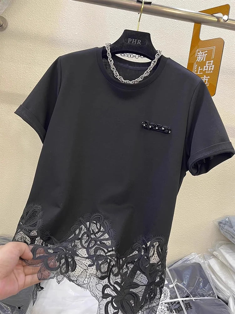 Elegant Lace Hem Short Sleeve Pure Cotton T-Shirt Women's Fashionable Summer New Style European Goods Irregular Top