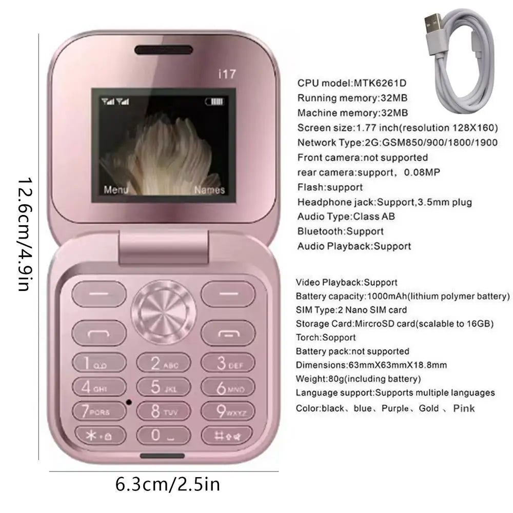 Seniors Cell Phone Foldable Multifunctional Clamshell Phone 1.77 Inch Screen Mini Mobile Phone Portable Clamshell Phone With