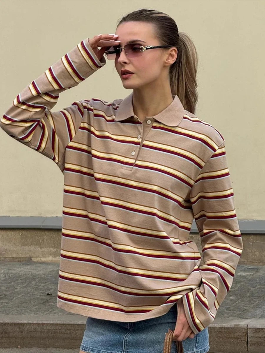 Bornladies Spring Summer New Women's Retro Striped Polo Collar Oversized Long Sleeve T - Shirt Trendy Casual Loose Basic Top