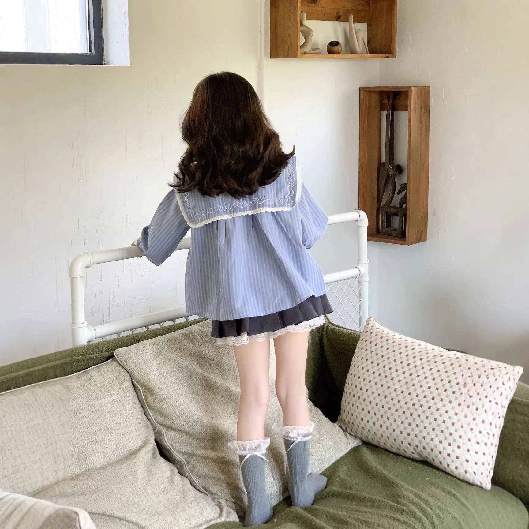 Korean Children's Clothing Girls' Shirt for Spring and Summer 2026 Blue Stripe Long Sleeved All-match Kids Shirt