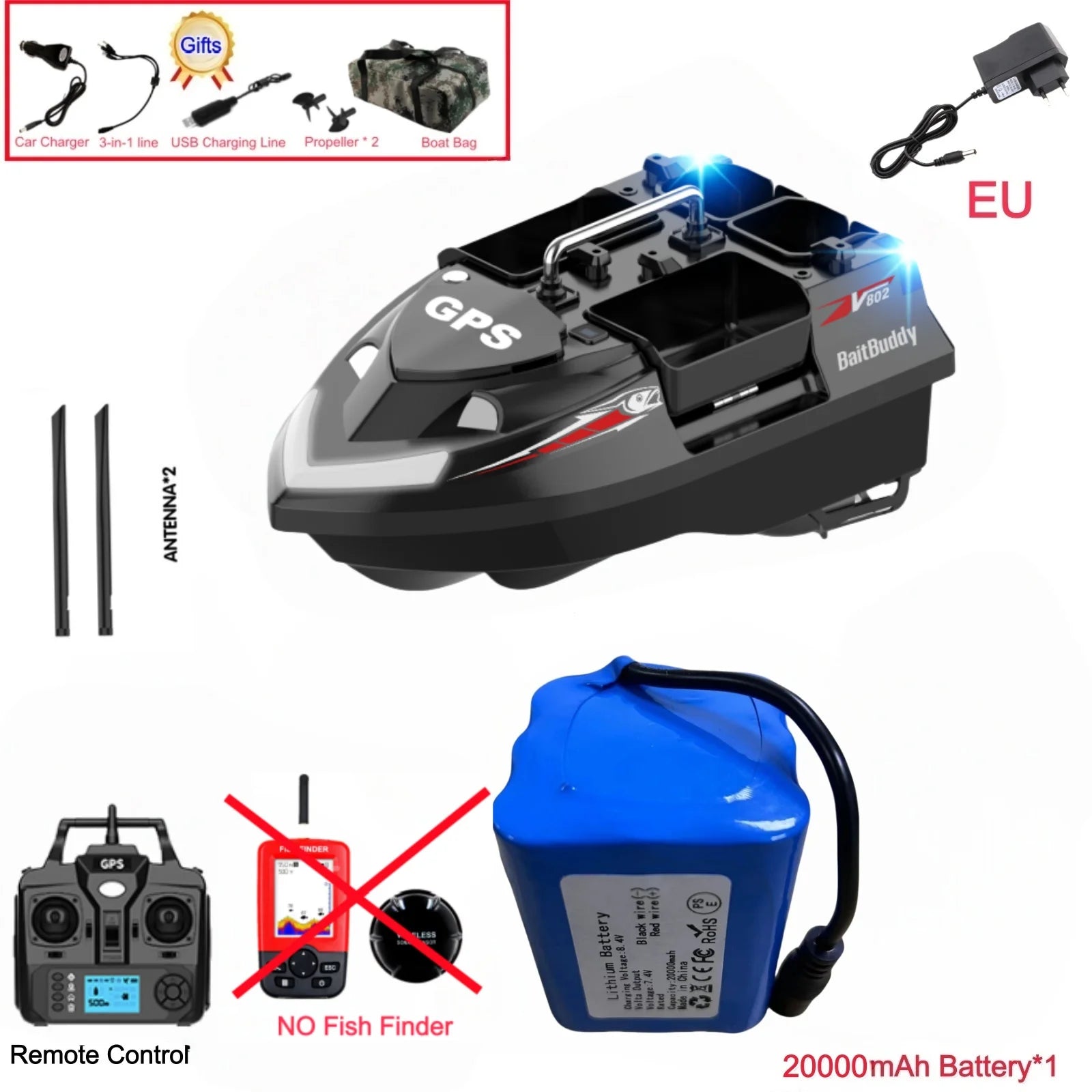 GPS Positioning 160 Positioning Points Fishing Boat Rc Bait Boat 4 Hoppers Waterproof 3KG Load 500M 15KM/H GPS One Click Return