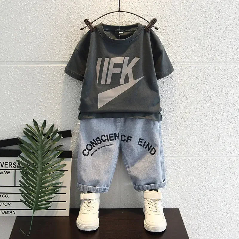 Kids Clothing 2pcs Sets Boys Grey Hole Short Sleeved T-shirt+ Denim Shorts Summer Suit 2025 New  Handsome Baby Clothes