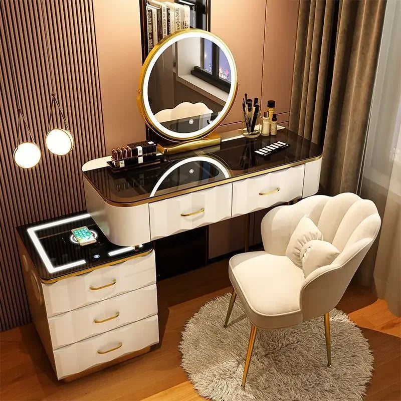 Makeup Vanity Desk with Wireless Charging Station and Bluetooth Speaker, Dressing Table with Tempered Glass Desktop,Vanity Set