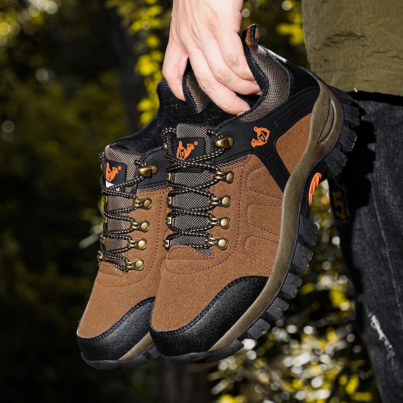 Men's Outdoor Lightweight Leather Patchwork Work Boots Durable Lace-Up Hiking Shoes for Construction Site And Mountain Climbing