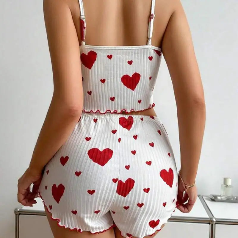 Women's Summer Pajama Set 2PC - Cute Heart Print Sleeveless Tank Top & Bow Shorts Lightweight Polyester Sleepwear Loungewear