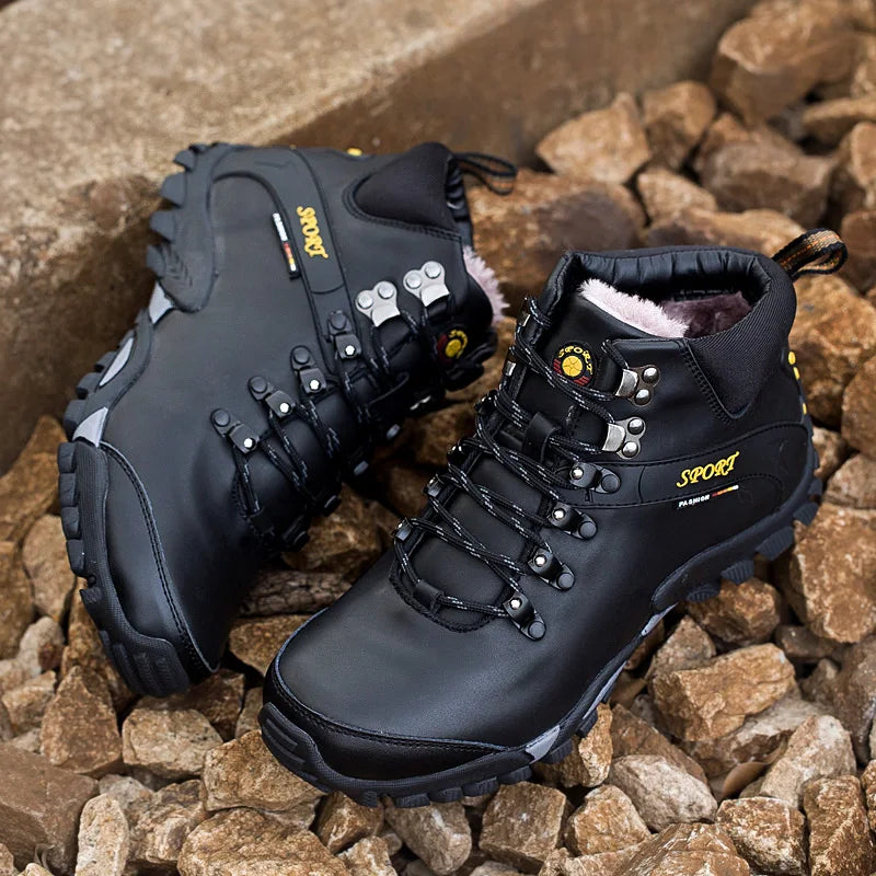 Mens Hiking Boots Leather Comfort Outdoor Anti Slip Trekking Shoes Super Warm Winter High Top Lace Up Casual Snow Boots for Men