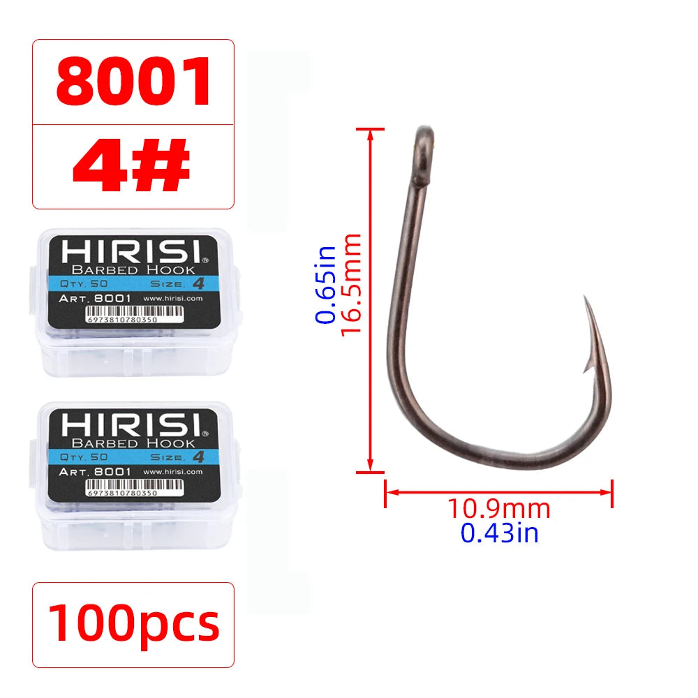 Hirisi 8001 100Pcs Fish Hook  PTFE Coated High Carbon Stainless Steel Anti-Rust Sharp Barbed With Eye Fishing Accessory