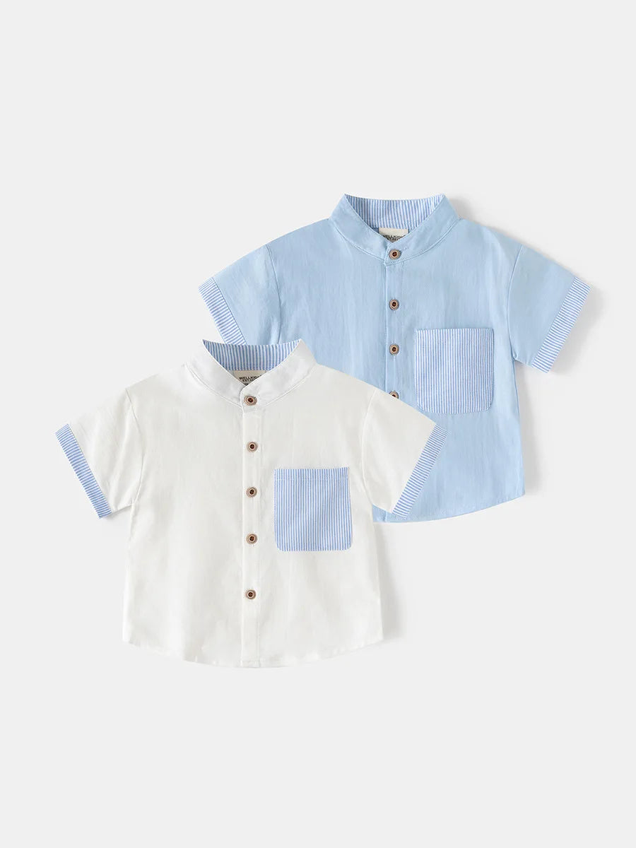 2026 Summer 2T-6T Korean Childrens Clothing Blue and White Striped Pattern Shirt for Boys kids Stand Collar Shirt