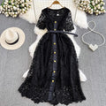 Summer Blue Lace Dress Women Hook Flower Hollow Golden Button Bodycon Vintage Clothing Square Neck Street Vestido Party