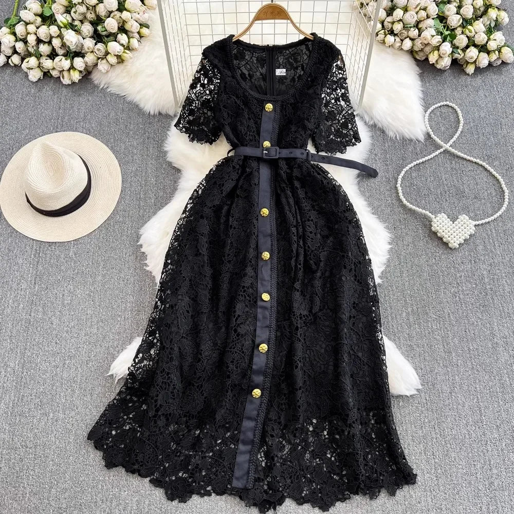 Summer Blue Lace Dress Women Hook Flower Hollow Golden Button Bodycon Vintage Clothing Square Neck Street Vestido Party