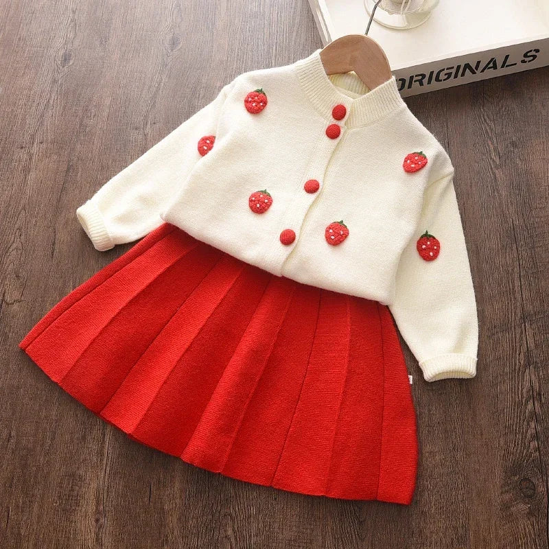 Kids Clothes Girls Winter Children's Clothing Cartoon Grape Strawberry Decoration Sweater Cardigan+solid Color Pleated Skirt Set